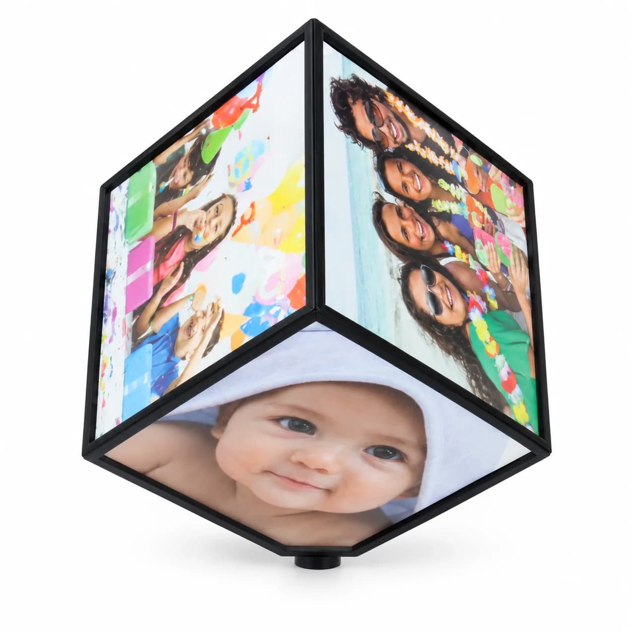 Transparent rotating cube photo frame, 6 pics 10×10 cm, blue stand