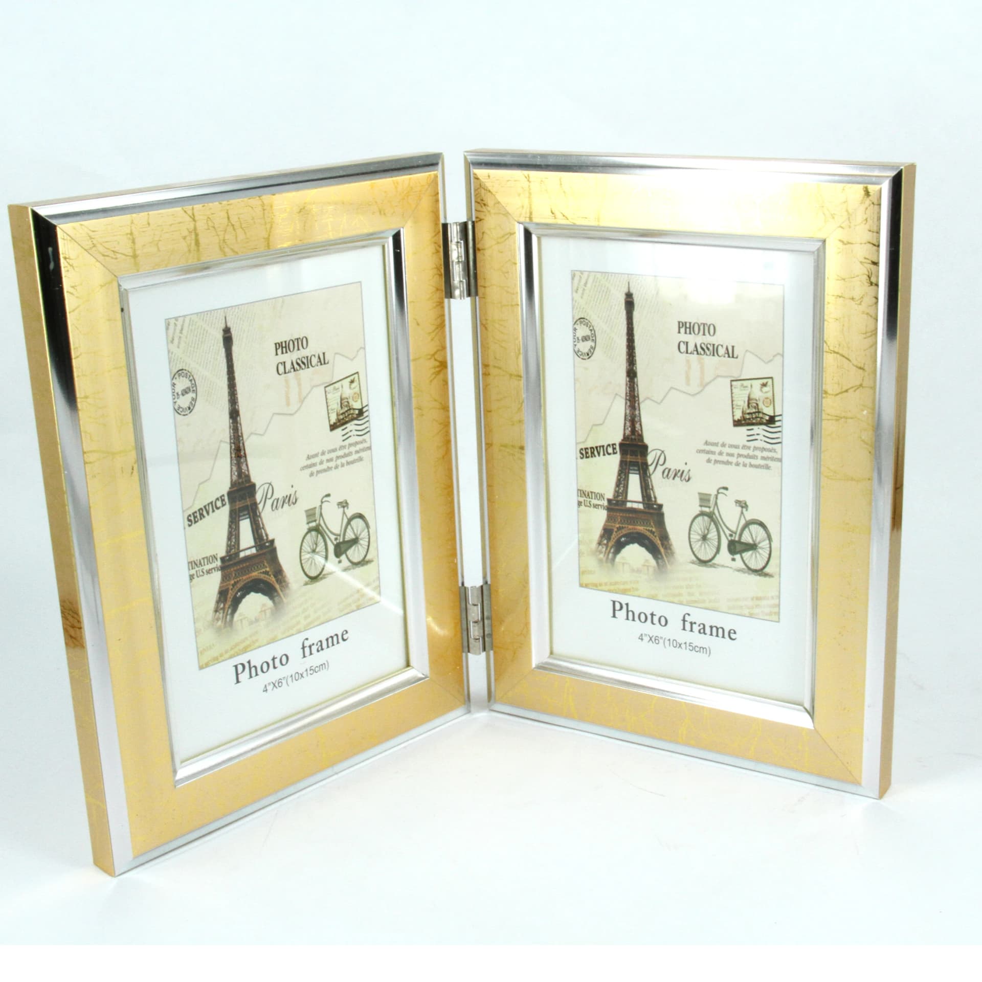 Gold foldable double photo frame, 10×15 cm