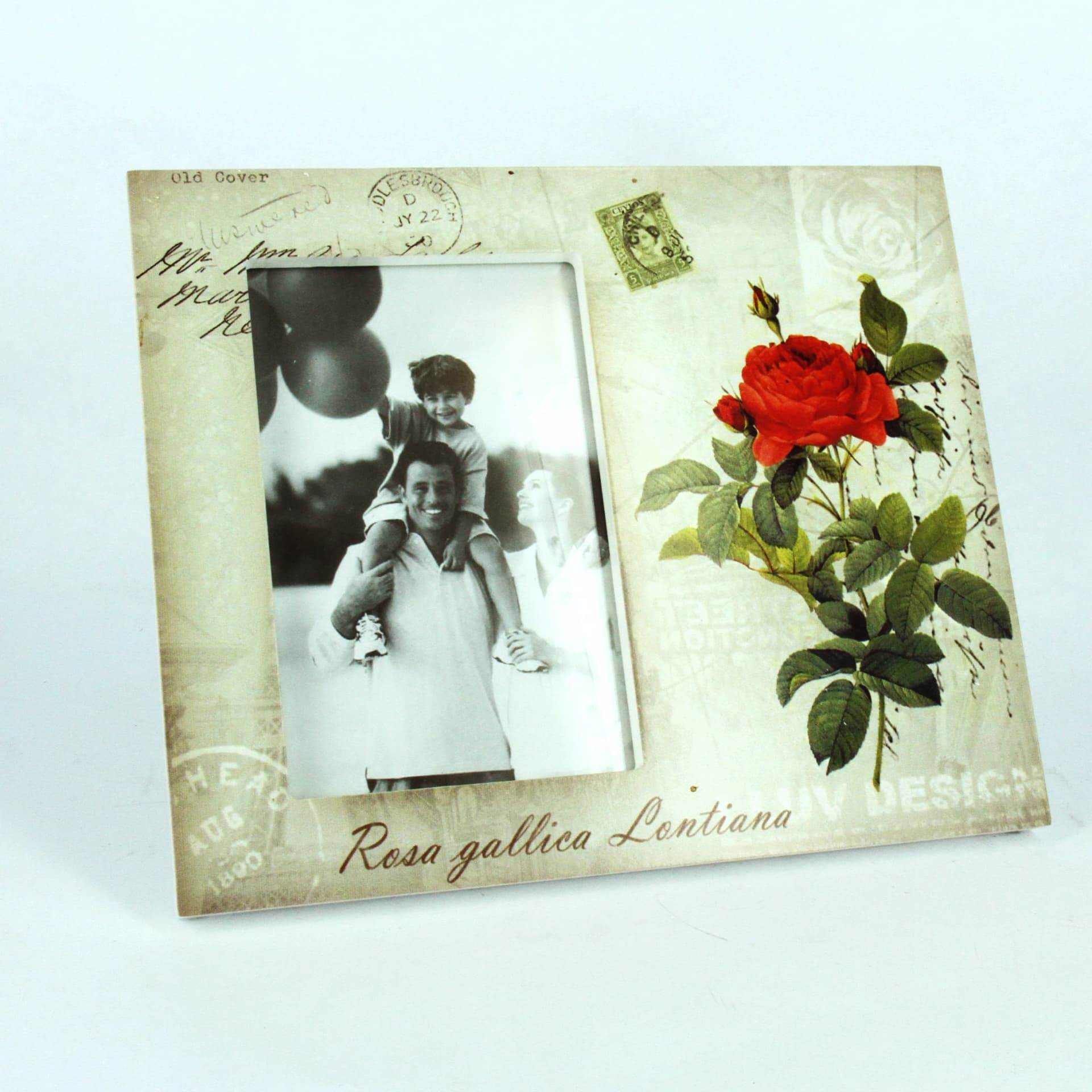 Ramă foto vintage cu trandafir, 10×15 cm