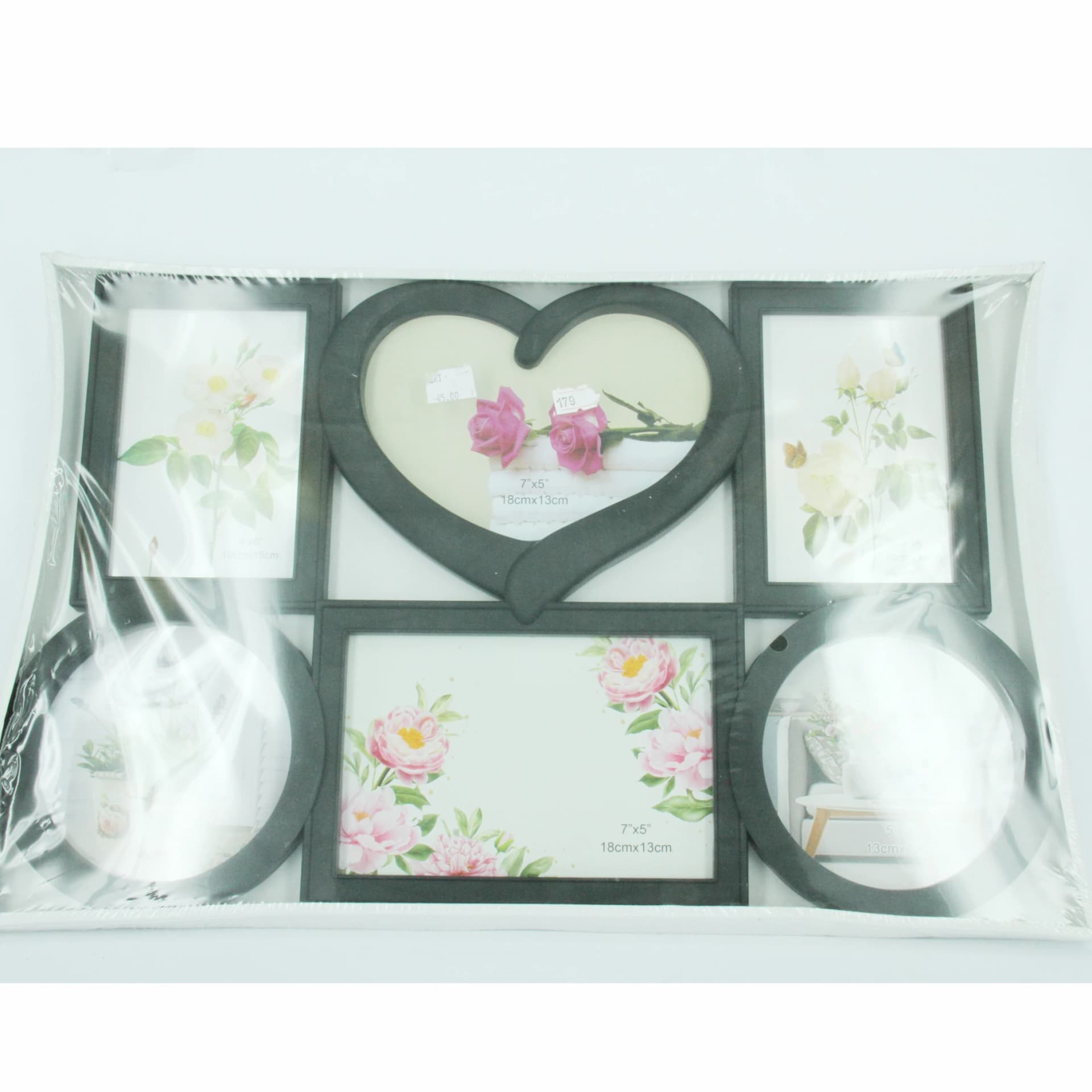 Black and white collage frame with central heart, 5 photos